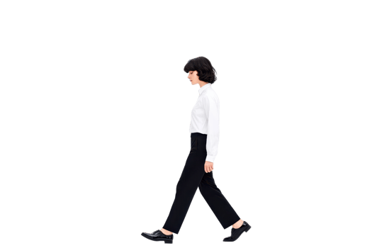 A woman in white shirt and black pants walks confidently, showcasing professional and stylish appearance. minimalist background emphasizes her poised stride png