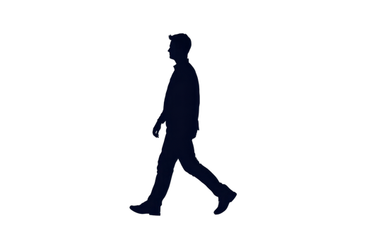 A silhouette of man walking, depicted in side view, isolated on transparency background. image captures motion and posture of figure in simple, minimalist style png