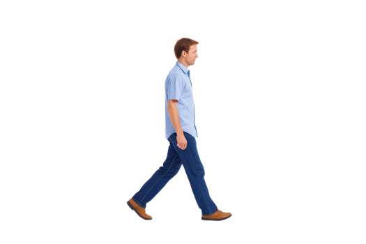 A man in blue shirt and dark pants walks confidently, isolated on transparency background. His casual attire and focused expression suggest purposeful stride png