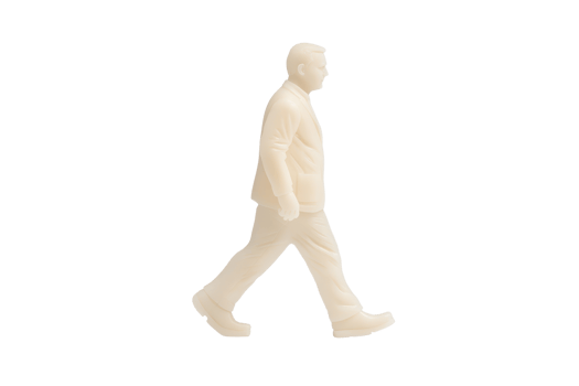 A beige plastic figurine of man in suit walking forward, isolated on transparency background. figure is in side profile, showcasing formal attire with neutral expression png