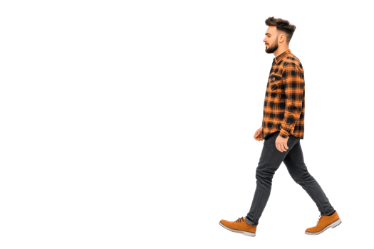 A man in plaid shirt and jeans walks confidently, showcasing casual style png