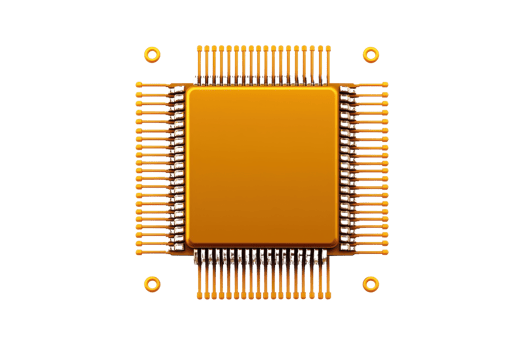 A close up of gold microchip with numerous pins extending from its sides, isolated on transparency background. intricate design highlights complexity and precision of modern technology png