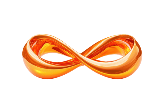 A vibrant orange infinity symbol with glossy, reflective surface, representing endless possibilities and continuity. smooth, flowing design adds sense of elegance and modernity png