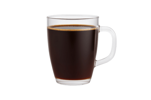 A clear glass mug filled with rich, dark coffee, showcasing its deep color and inviting aroma. transparent mug highlights simplicity and elegance of beverage, perfect for cozy morning png