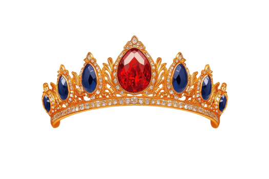 An ornate gold tiara adorned with large central red gemstone and multiple blue gemstones, surrounded by intricate detailing and sparkling diamonds, exudes elegance and luxury png