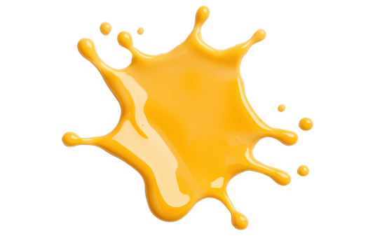 A vibrant yellow paint splash with dynamic droplets isolated on transparency background, showcasing fluid motion and artistic expression png