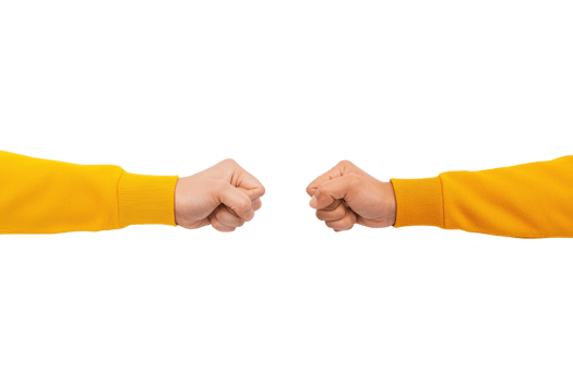A Two people wearing yellow sleeves are giving each other fist bump, symbolizing friendship and unity. background is plain, emphasizing gesture png