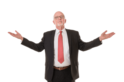 An Elderly man in suit with red tie gesturing with open arms, expressing confidence and authority. background is plain, emphasizing his formal attire and expressive pose png