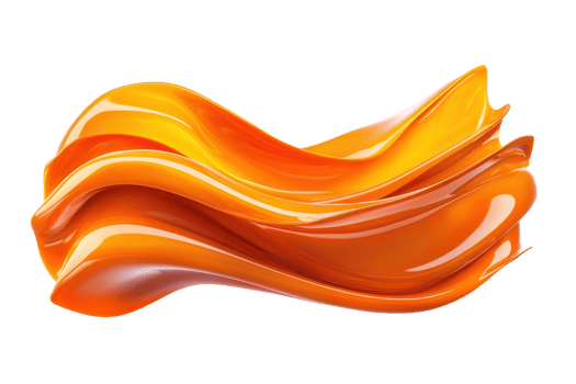 A vibrant, flowing abstract shape in shades of orange and yellow, resembling liquid or molten material, with glossy finish and dynamic curves png
