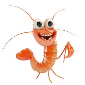 Animated shrimp character with big eyes and a cheerful expression holds its claw png