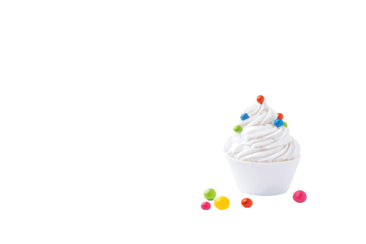 A swirl of creamy frozen yogurt topped with colorful candy in white cup, surrounded by scattered candies, creates delightful and playful dessert scene png