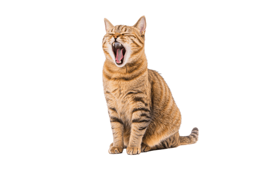 A yawning tabby cat with closed eyes sits on transparency background, displaying its striped fur and relaxed posture png