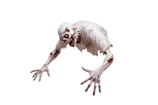 A terrifying zombie with decaying skin and tattered clothes crawls forward, its eyes glowing ominously. creature long, bony fingers reach out menacingly, creating chilling scene png