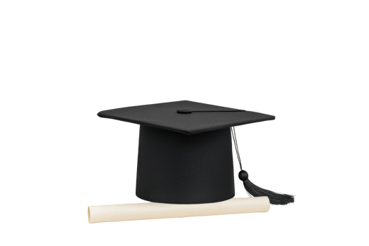 A black graduation cap with tassel is placed next to rolled diploma, symbolizing academic achievement and success. image conveys sense of accomplishment and celebration png