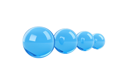 A Four glossy blue spheres arranged in line, reflecting light on transparent background. spheres gradually decrease in size, creating sense of depth and perspective png
