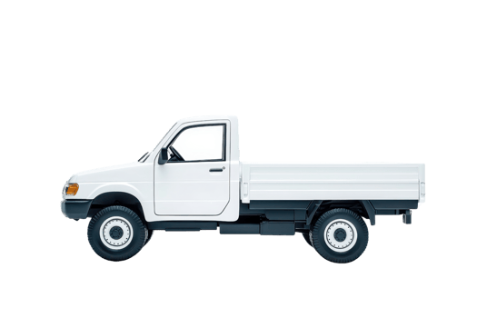 A white pickup truck with flatbed design is shown in side view, highlighting its utility and simplicity. vehicle is suitable for transporting goods and materials png