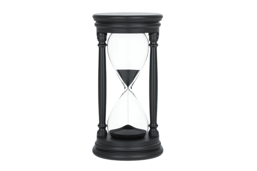 A classic black hourglass with sand flowing through its center, symbolizing passage of time and patience. elegant design features wooden frame and clear glass png