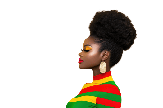 A woman with vibrant makeup and colorful attire stands in profile, showcasing her elegant hairstyle and large earrings. image highlights her confident expression and bold fashion choices png