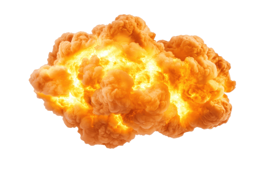 A fiery explosion with bright orange and yellow flames and smoke billowing outward, creating dramatic and intense visual effect png
