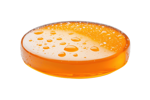 A round, transparent orange soap with bubbles on its surface, creating fresh and clean appearance. soap smooth texture and vibrant color make it visually appealing png