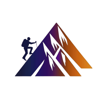 A silhouette of hiker climbing stylized mountain with gradient of purple to orange, symbolizing adventure and exploration. design conveys sense of achievement and outdoor enthusiasm png