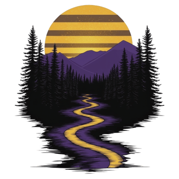 A serene landscape illustration features winding river reflecting golden glow of setting sun, surrounded by tall pine trees and distant purple mountains png