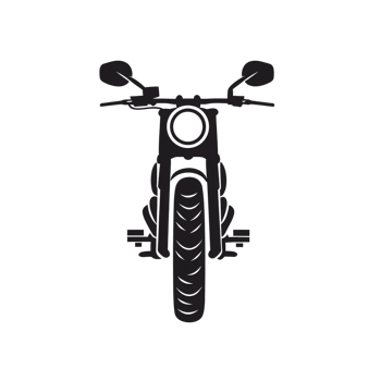 A minimalist black silhouette of motorcycle viewed from front, showcasing its handlebars, mirrors, and circular headlight. design emphasizes simplicity and elegance png
