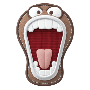 A cartoonish, embroidered patch design features wide open mouth with exaggerated teeth and tongue, surrounded by brown border. playful expression adds humorous touch png