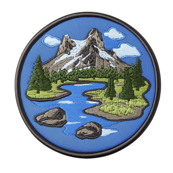 A This features circular embroidered patch depicting scenic landscape with snow capped mountain, winding river, and lush green trees blue sky with clouds. patch has border and showcases natural png