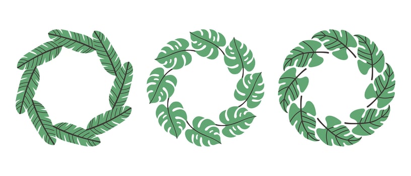 Simple flat style tropical leaves circle frame set. Bright illustration for card, invitation card for wedding, birthday and other holiday vector