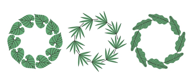 Simple flat tropical leaves circle frame set. Bright illustration for card, invitation card for wedding, birthday and other holiday vector