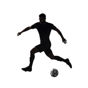 Silhouette of athletic adult Hispanic man kicking soccer ball on transparent background Concept of sports, action, and determination in competitive soccer game png