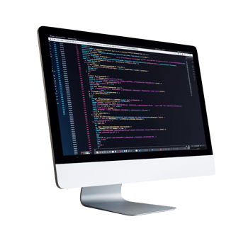 Modern desktop computer displaying source code on a dark screen, showcasing software development, programming, and coding on a transparent background png
