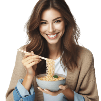 Beautiful Woman Enjoying Delicious Noodles with Smile png