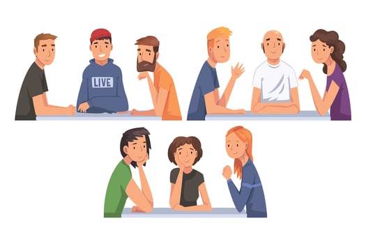 People Sitting and Looking at Us Set, Meeting of Friends Cartoon Illustration vector
