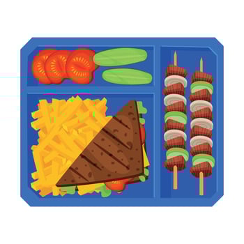Meal Tray Filled with Sandwich, French Fries, Barbecue and Vegetables, Food For Kids And Students, View from Above Flat Illustration vector