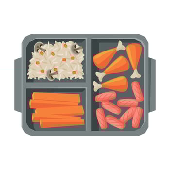 Meal Tray Filled with Chicken Drumsticks, Sausages and Rice, Food For Kids And Students, View from Above Flat Illustration vector