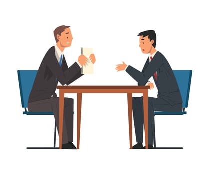 Business Negotiations, Businessmen Meeting, Exchanging Information, Solving Problems, Productive Partnership Cartoon Illustration vector