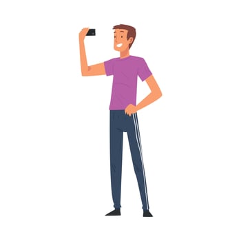 Smiling Man Taking Selfie Photo, Male Character Photographing Himself with Smartphone Cartoon Illustration vector