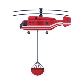 Firefighting Helicopter Carrying Bucket full of Water, Emergency Service Vehicle Flat Style Illustration on White Background vector