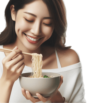 Smiling Woman Eating Noodles in Cozy Setting png