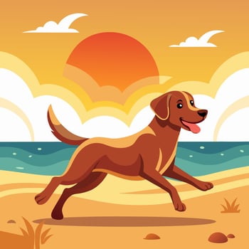 Brown Dog Running on Beach at Sunset vector