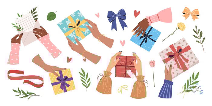 Set of female hands with gift boxes, bows, flowers and herbs. Hand drawn clipart bundle. Isolated flat illustrations on white for Happy New Year, Mother's Day, Valentine's Day and birthday designs vector