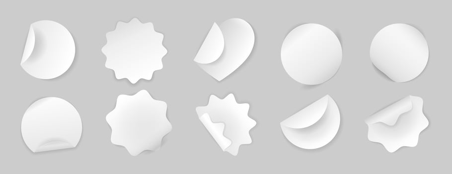 Set of realistic white stickers. Isolated blank paper sheets with curved and wavy edges on background. Different elements for notes, mockups, planners, journaling. Various badges, sticky notes. vector