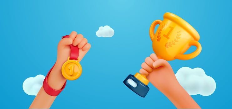 Winner Hands Holding Gold Trophy and Medal on Blue Sky Background, Celebrating First Place Victory and Achievement. 3D Cartoon Style. Illustration vector