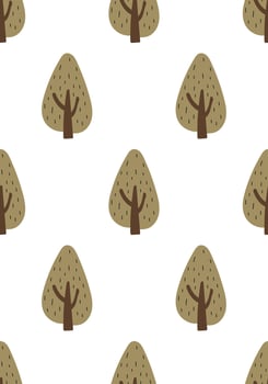 Seamless pattern with simple forest trees in doodle style. Hand drawn elements with natural shapes and earthy tones. illustration on an isolated background. vector
