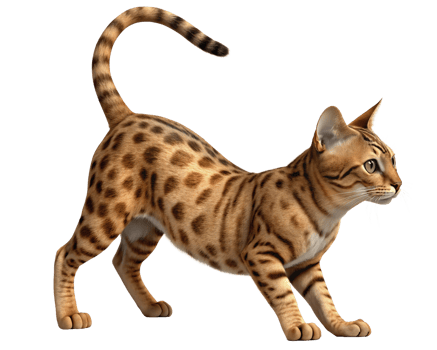 A majestic Bengal cat with a sleek coat and striking spots, poised gracefully in a playful stance. png