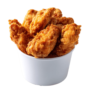 Crispy chicken tenders in a bucket invite indulgence with their golden-brown crunchy texture displayed perfectly against a transparent backdrop png