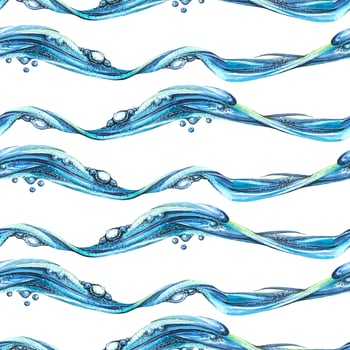Waves of water, blue. blue, in a repeating pattern on a white background. The watercolor illustration is seamless. For fabric, textiles, covers, packaging paper, decoration, design, beach, summer vector