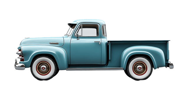 Vintage light blue pickup truck profile view with attached trailer. png
